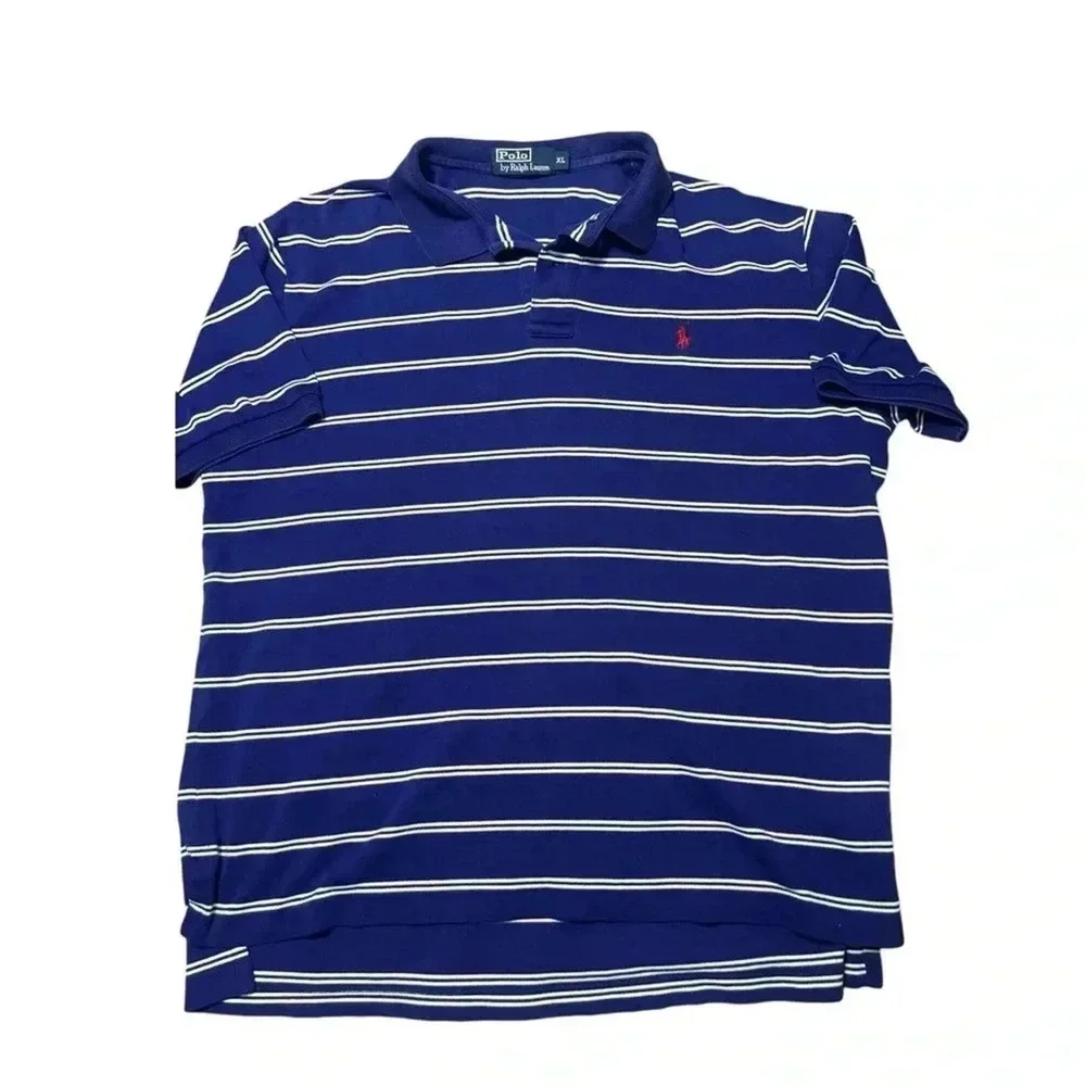 Polo Ralph Lauren Polo Shirt Mens XL Blue White Striped Short Sleeve Logo Vtg